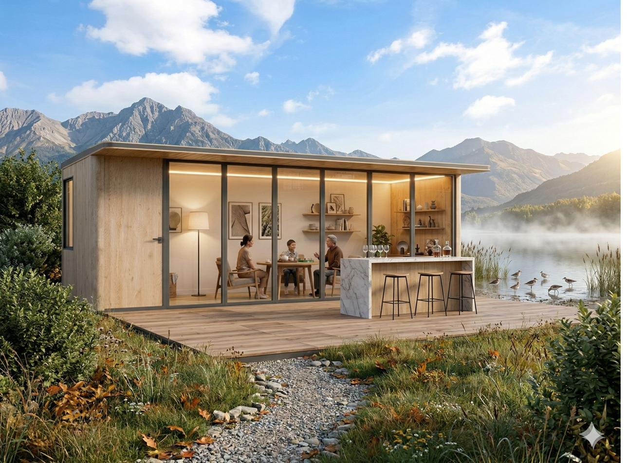 Garden Seven garden room by a lake with mountain views